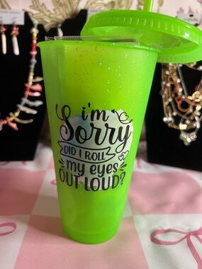 Green Glitter Tumbler filled with jewelry & more! ✨